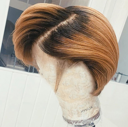 Peluca Corta Degradada Negra y Marrón - Cabello Liso Realista Estilo Europeo Americano - Image 2