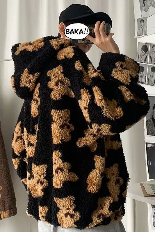 Sudadera con Capucha Hombre Estilo Coreano Estampado Cartoon Forro Borreguito Grueso Oversize - Image 2