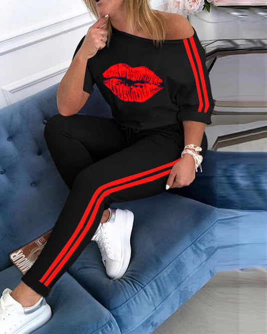 Conjunto Deportivo Estampado de Labios - Playera y Shorts - Image 2