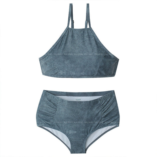 Denim blue two-piece swimsuit with a halter neck bikini top and high-waisted ruched bikini bottoms. - Image 2