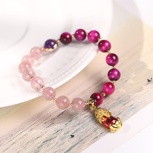 Pulsera de Cristal Bicolor con Cuarzo Fresa, Ojo de Tigre y Amatista - Pareja - Image 2