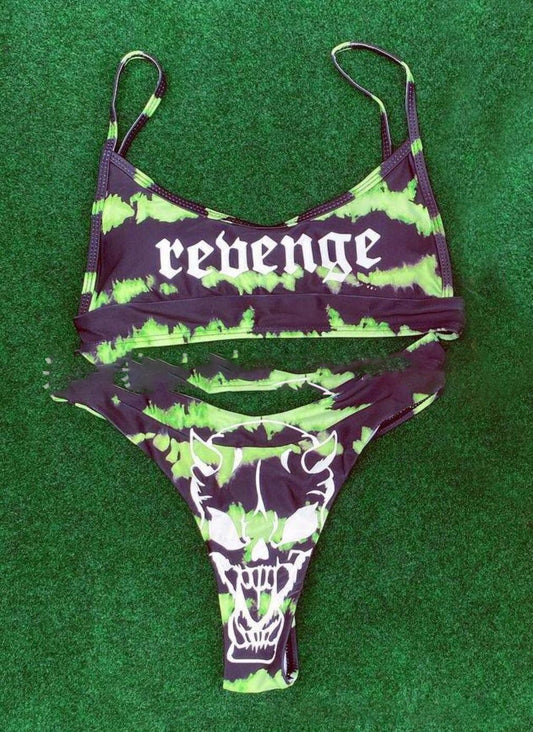 Women's black and neon green tie-dye bikini with 'revenge' text and a white horned skull graphic. - Image 2