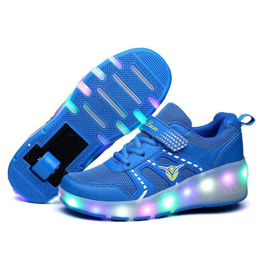 Blue and lime green girls' roller skates with light-up soles and retractable heel wheels. - Image 2