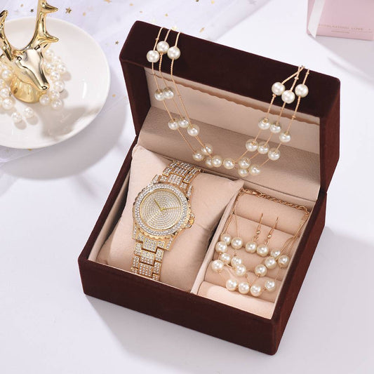 Conjunto de Joyería Elegante: Reloj de Diamantes, Pulsera de Perlas, Aretes y Collar - Image 2