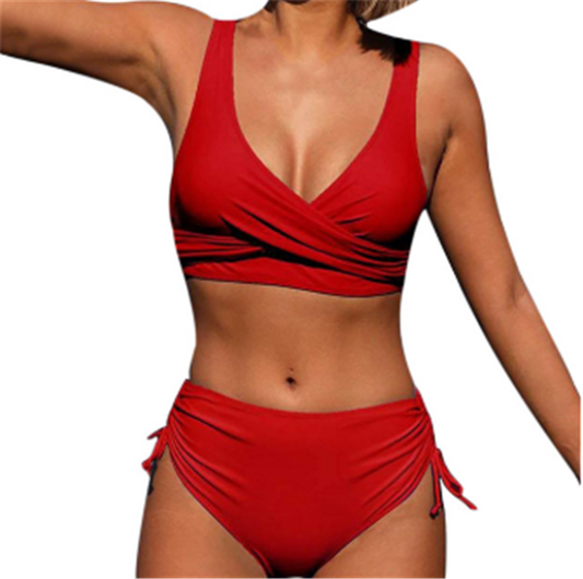 Bikini Talle Alto Fruncido con Escote Sexy y Cintas Ajustables - Image 2