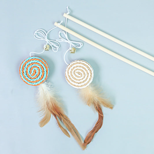 Cat wand toy with a wooden stick, a burlap heart, and brown feathers, designed for interactive play. - Image 2