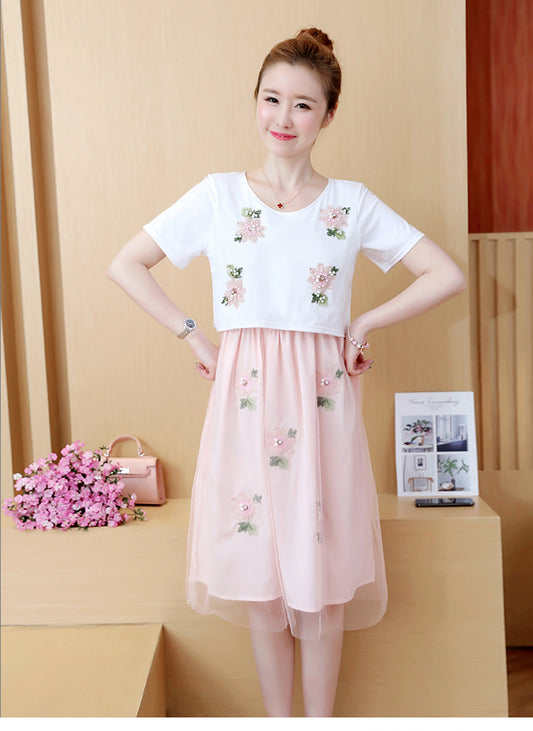 Vestido Lactancia Talla Grande Estilo Coreano Falso Dos Piezas Manga Corta Verano - Image 2
