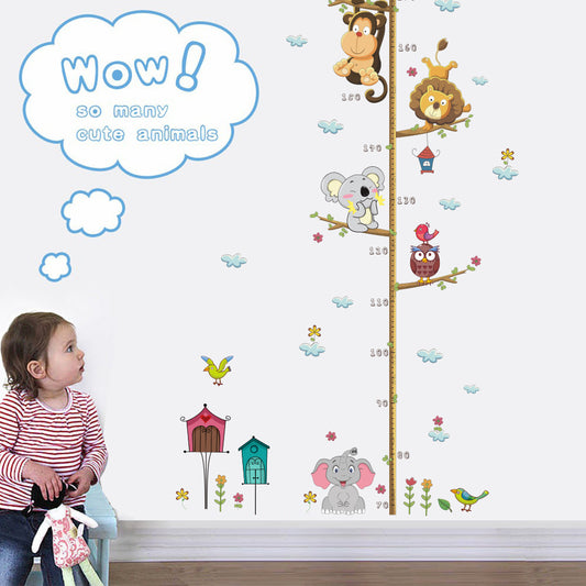 Cartoon zoo animal height chart wall sticker with elephant, lion, monkey, koala, owl, and toucan on a tree. - Image 2