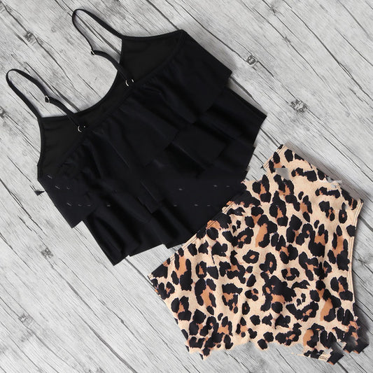Black tiered ruffle tankini top with adjustable straps and leopard print high-waisted bikini bottoms. - Image 2