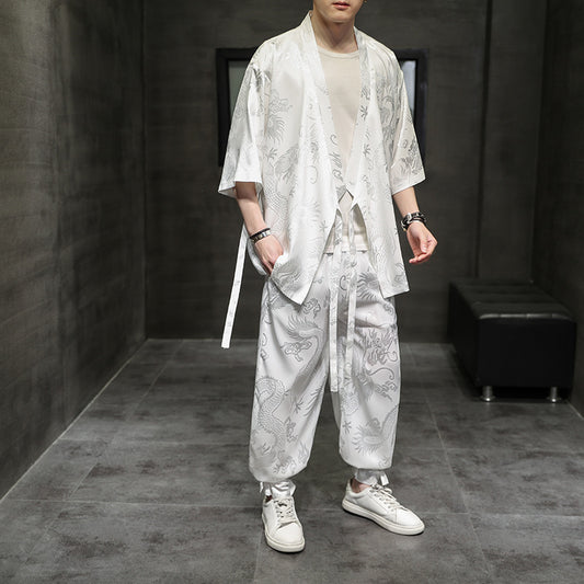 Traje Hanfu Tradicional Chino - Camiseta Ice Silk con Bordado Pez Volador para Hombre - Image 2