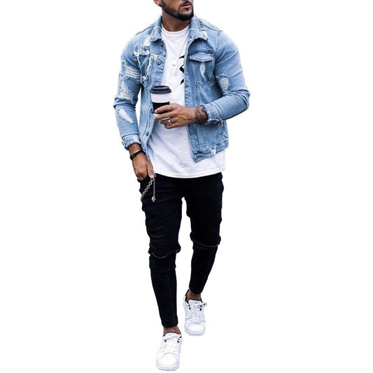 Chaqueta Denim para Hombre con Diseño Rotos Irregular Lavado Vintage - Image 2