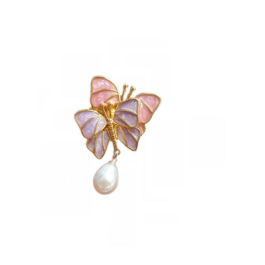 Aretes de Aguja Plata 925 con Mariposa Esmaltada y Perla de Agua Dulce Estilo Retro Francés - Image 2