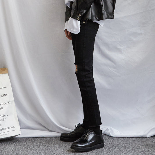 Pantalones Vaqueros Rotos Estilo Coreano Slim Fit Para Hombre - Largo 9/10 - Image 2