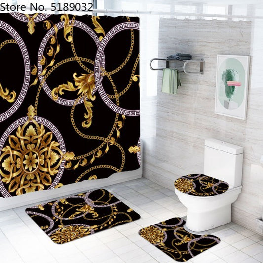 Juego de 4 Piezas de Baño Estilo Retro: Cortina de Ducha, Tapete Antideslizante y Cubiertas de Inodoro Impermeables - Image 2
