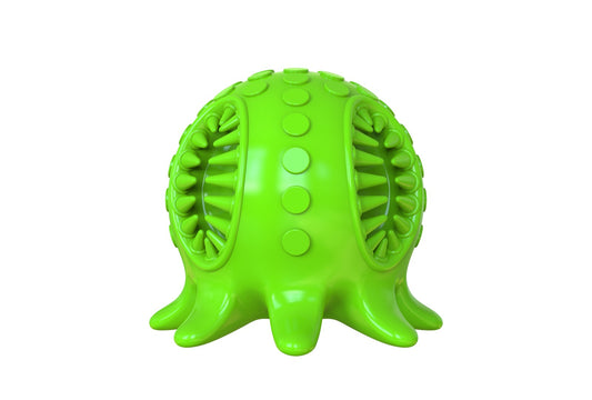 Bright yellow octopus-shaped dog toy with textured nubs and internal spikes for teeth cleaning. - Image 2