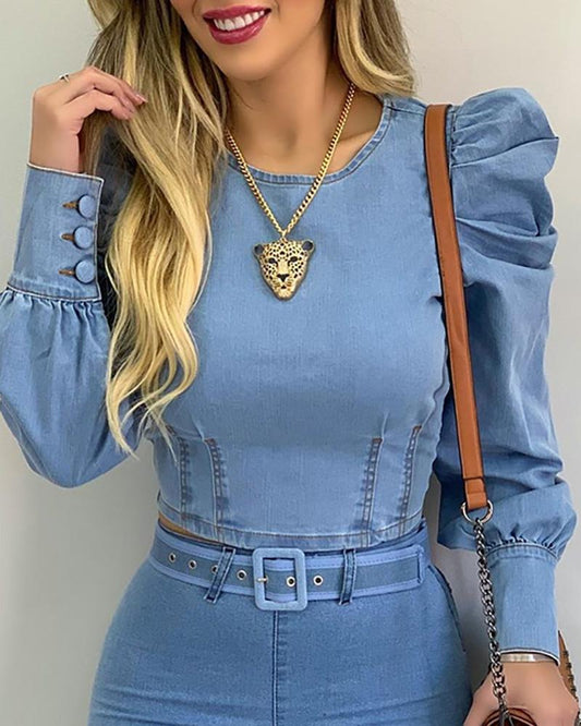Camisa Denim Manga Larga Ajustada con Volumen en Mangas - Image 2