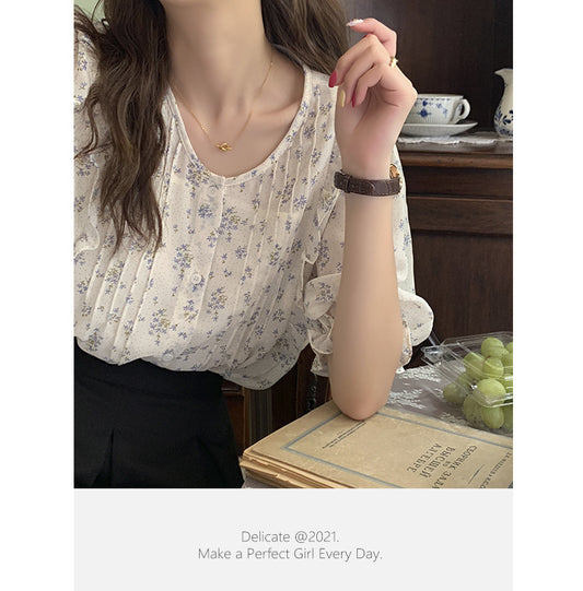 Blusa Chifón Floral Manga Corta Estilo Coreano Dulce y Elegante para Mujer Verano - Image 2