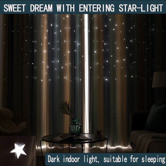 Rainbow gradient curtains with blue, yellow, and grey stripes, featuring star cutouts on a sheer overlay. - Image 2