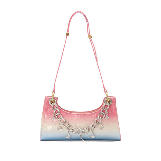 Bolso de Hombro Degradado Arcoíris con Cadena de Perlas y Detalles Metálicos - Bolsa de Moda Verano - Image 2