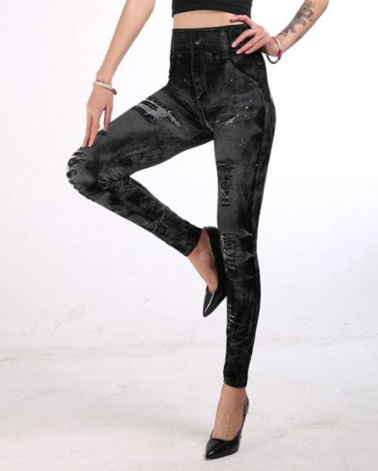 Leggings de Tela Vaquera Imitada con Corset sin Costuras y Rasgados Estilizados para Mujer - Image 2