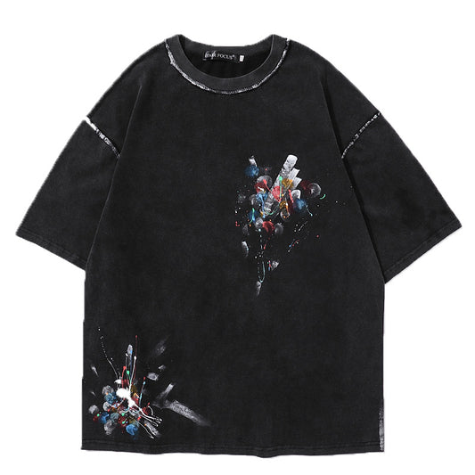 Camiseta Suelta Retro Desteñida con Estampado Invertido de Tinta - Image 2