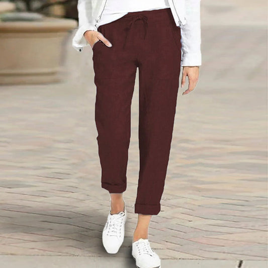 Pantalones Casuales Talla Grande Color Sólido con Cordón de Algodón y Lino - Image 2