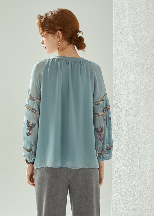 Blusa de Seda para Mujer Cuello Redondo Manga Farol Bordado Otoño - Image 2