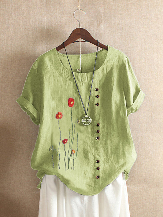 Blusa Suelta Cuello Redondo Bordada Manga Corta Talla Grande Mujer - Image 2