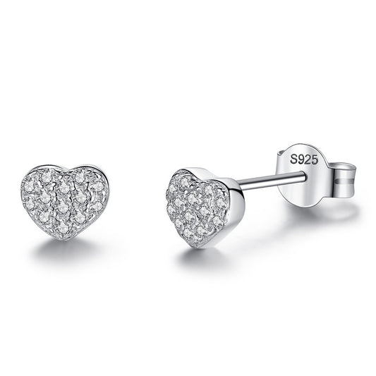 Sterling silver heart-shaped stud earrings with pavé clear zircons, featuring butterfly backings. - Image 2