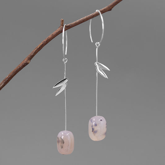 Aretes de Plata 925 con Ágata - Diseño Minimalista Hoja de Bambú Estilo Oriental - Image 2