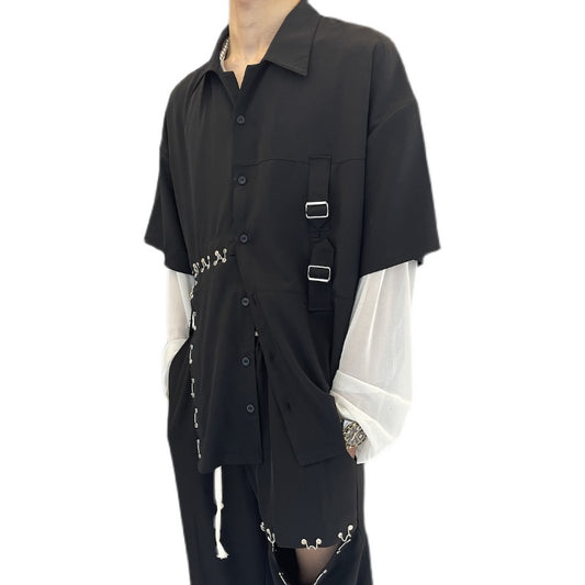 Camisa Casual Suelta con Botones Metálicos - Manga Corta Negra Tendencia - Image 2