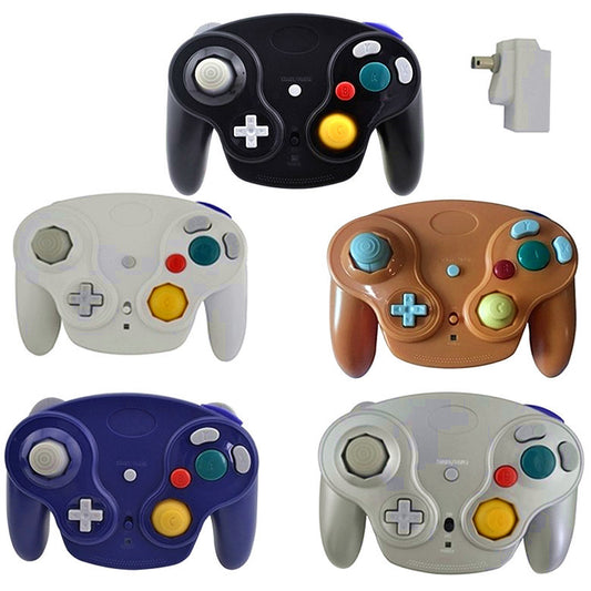 Purple NGC wireless game controller with detailed labels for control stick, D-pad, C-stick, A+B,X+Y buttons, and Start/Pause button. - Image 2