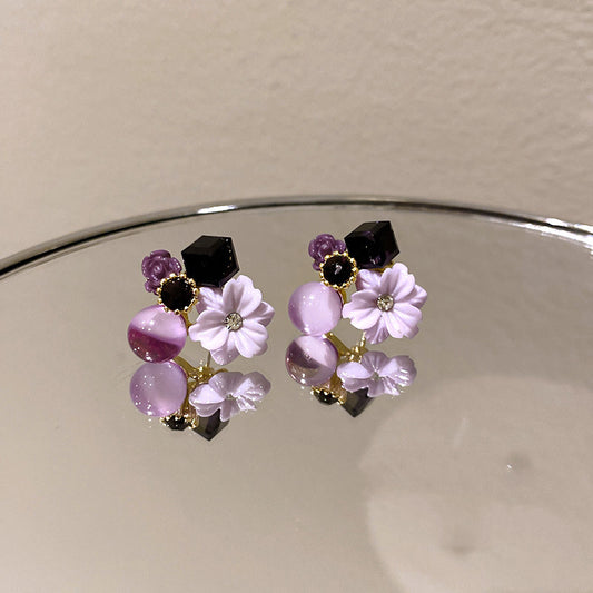 Aretes de Cristal Ojo de Gato con Flor de Diamante Coreano - Image 2