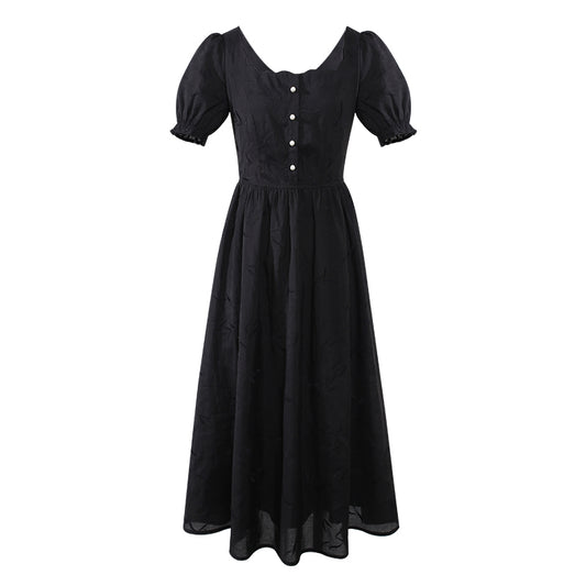 Vestido Retro con Bordado de Pétalos y Botones Perla Cuello Cuadrado - Image 2