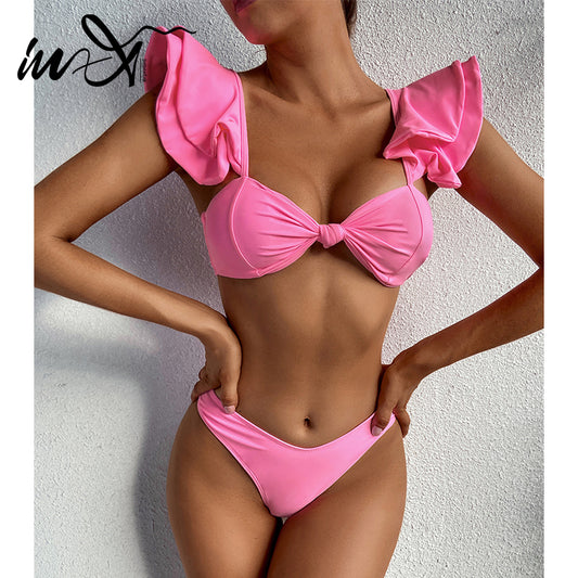 Bikini Dos Piezas con Volantes en Colores Sólidos - Traje de Baño Sexy para Mujer - Image 2