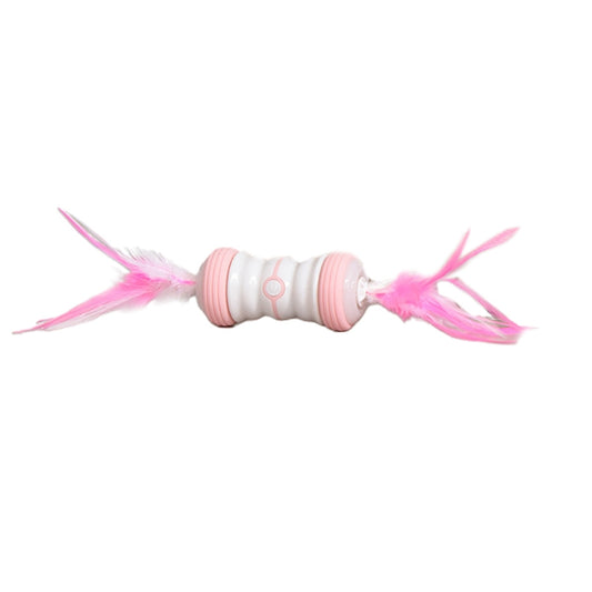 Pink and white electric cat toy with feathers on both ends, featuring a central power button. - Image 2