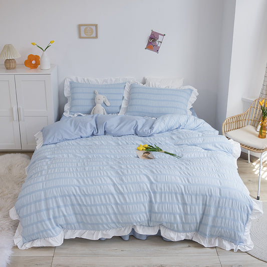 Juego de Sábanas Blancas Estilo Princesa de Algodón Lavado con Encaje Seersucker - Colección de 4 Piezas - Image 2
