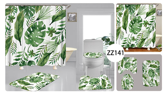 Tropical shower curtain with a vibrant green leaf print, including monstera and palm leaves, on a white background. - Image 2