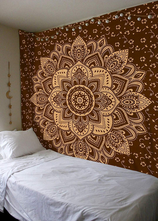 Navy blue tapestry with a large gold mandala pattern and smaller gold floral designs, made of polyester. - Image 2