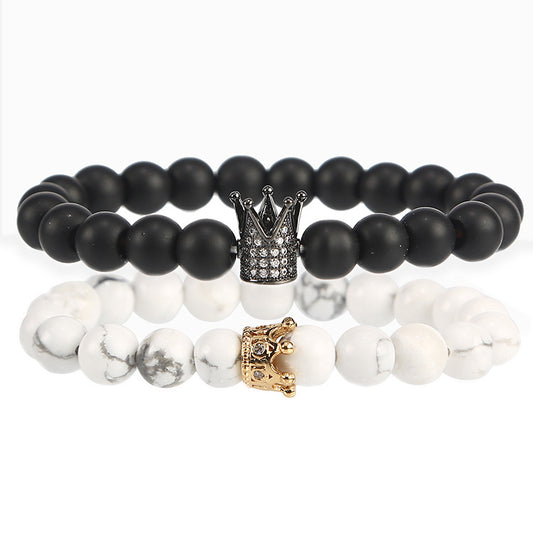 Pulsera de Piedra Volcánica con Circonita Incrustada y Turquesa Blanca - Image 2