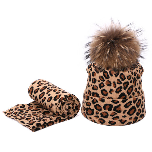Conjunto de Gorro y Bufanda de Lana Tejida con Estampado de Leopardo - Image 2