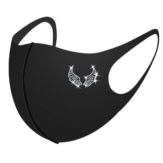 Black face mask with a white rhinestone 'Queen' text and crown design, featuring ear loops. - Image 2