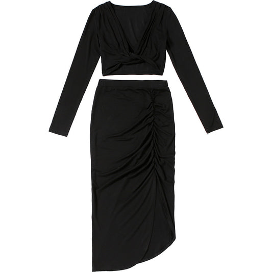 Conjunto Elegante: Blusa V-Escote Manga Larga + Falda Larga Ajustada - Image 2