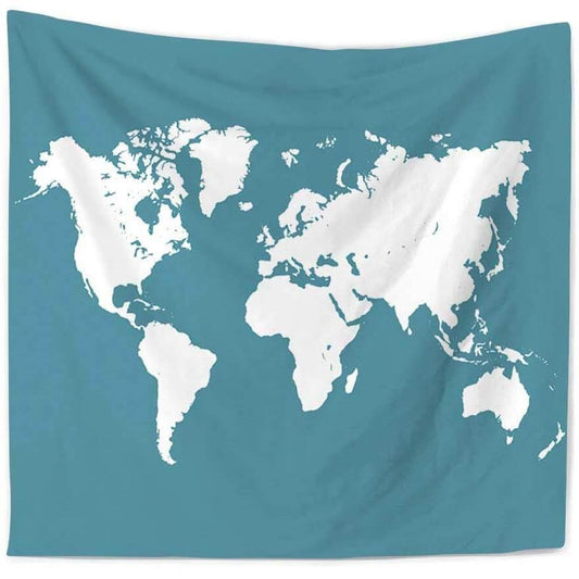 Minimalist world map tapestry featuring white landmasses against a solid teal background, made from polyester. - Image 2