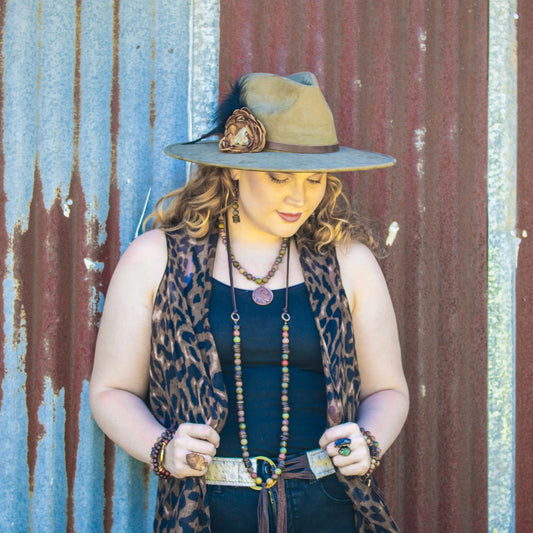 **Picasso Jasper Necklace with Wood Beads and Leather Tassel 261i