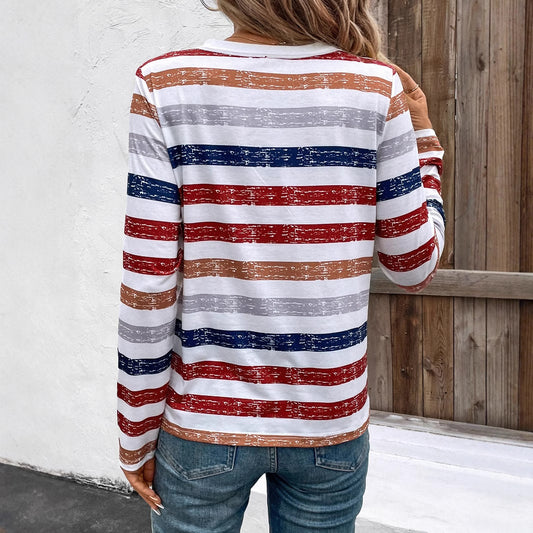 Blusa Mujer Rayas Cuello V Manga Larga con Detalles de Cierre - Image 2