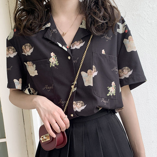 Blusa Retro Escote V Manga Corta en Gasa - Image 2
