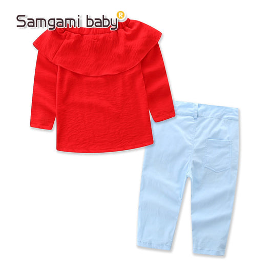 Conjunto Infantil Elegante: Blusa Roja Hombro Descubierto + Pantalón Rosa - Image 2