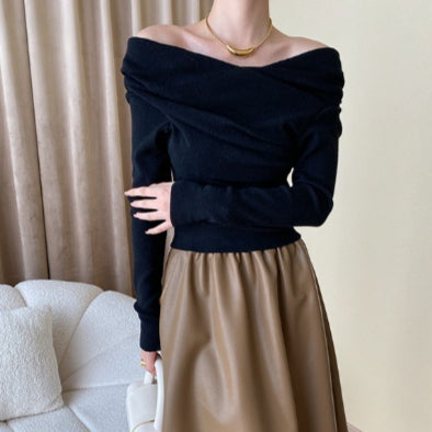 Blusa de Punto Asimétrica Estilo Francés con Hombros Descubiertos - Image 2