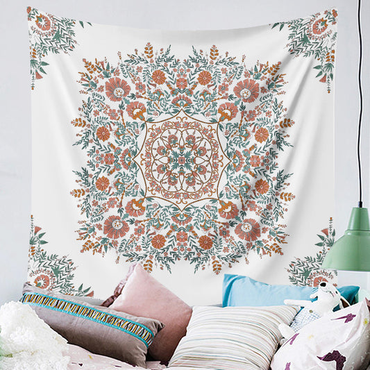 White bohemian retro tapestry with a central coral, teal, and brown floral mandala print and corner accents. - Image 2
